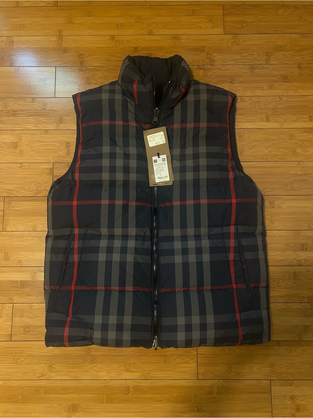 Burberry Navy Plaid Quilted Puffer Vest with Red Accents